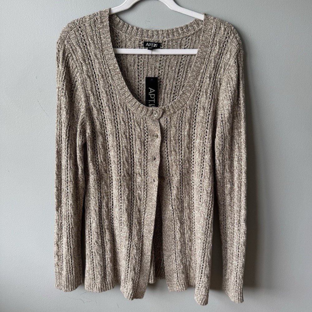 Apt.9 Cable Knit Scoop Neck Button Cardigan Sweater Tan Sz XL Cotton Blend Fall